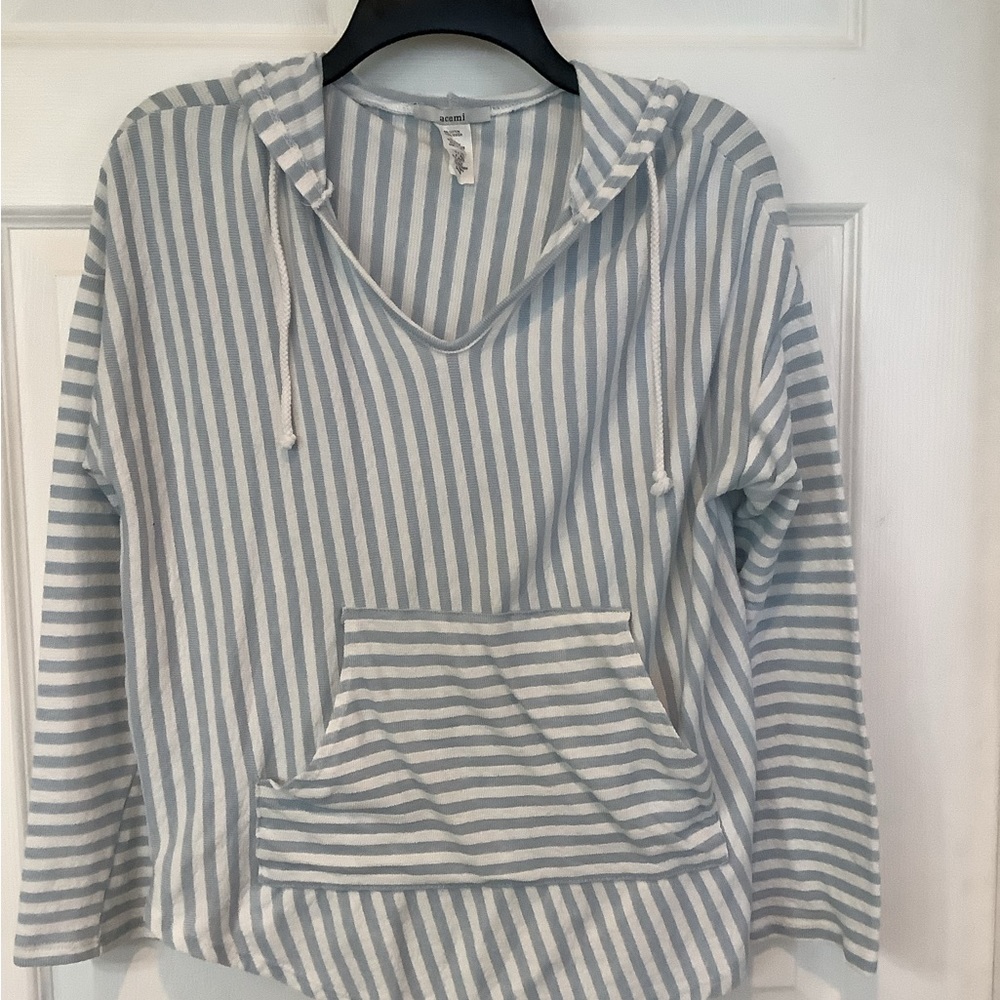 Acemi long sleeve striped hoodie w/ pockets, blue/grey, Small, $22
